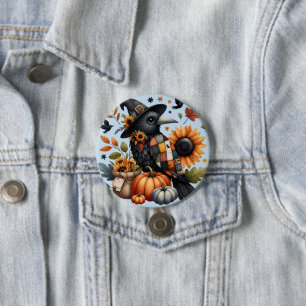 Whimsische Krähe mit Kürbissen und Sonnenblumen Button