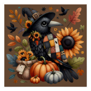 Whimsische Krähe mit Kürbissen und Sonnenblumen Poster