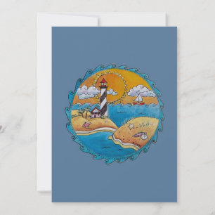 Whimsische Leuchtturm-Strandszene - Küsten-Folk-Ar Einladung