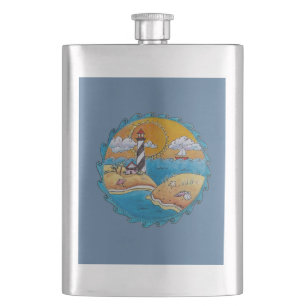Whimsische Leuchtturm-Strandszene - Küsten-Folk-Ar Flachmann