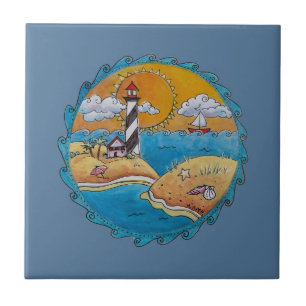 Whimsische Leuchtturm-Strandszene - Küsten-Folk-Ar Fliese