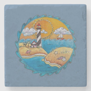 Whimsische Leuchtturm-Strandszene - Küsten-Folk-Ar Steinuntersetzer