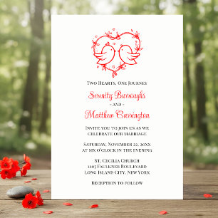 Whimsische Liebesvögel Boho Rotes Herz Hochzeit Einladung