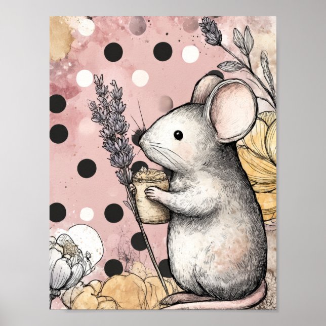 Whimsische Mause-Blumen-Aquarell-Kunst Poster (Vorne)