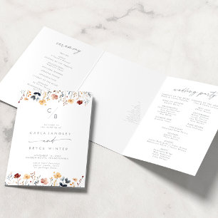 Whimsische mehrfarbige Wildblumen-Monogramm-Hochze Dreifach-gefaltete Programmkarte