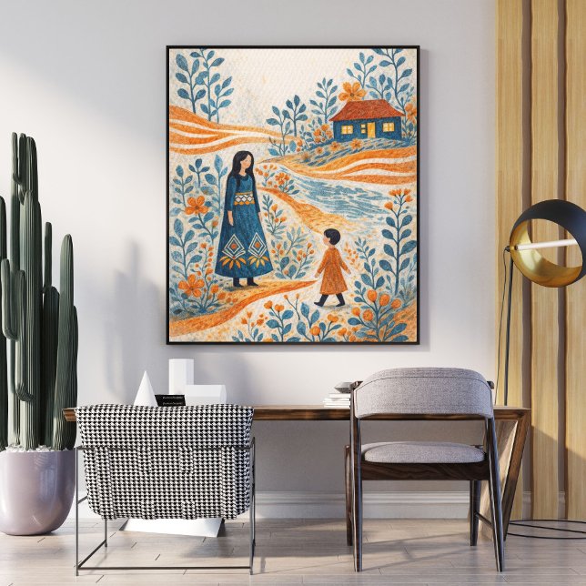 Whimsische Mutter-und-Kind-Volkskunst-Illustration Poster (Von Creator hochgeladen)
