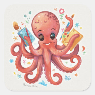 Whimsische Oktopus-Malbild-Illustrationen – Kreati Quadratischer Aufkleber