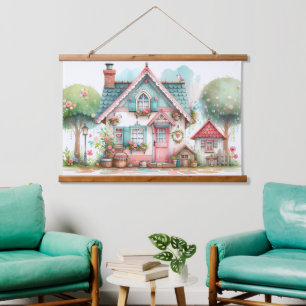 Whimsische Pastell-Fee-Märchenhaus-Kunst Wandteppich Mit Holzrahmen