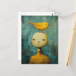 Whimsische Person mit gelbem Vogel auf dem Kopf Postkarte