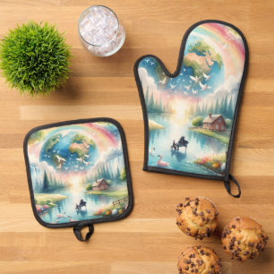 Whimsische Regenbogen-Erde-Fantasieszene Ofenhandschuh & Topflappen-Set