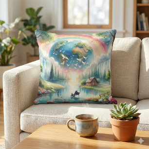 Whimsische Regenbogen-Erde Fantasy-Szene Kissen
