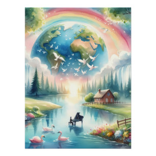 Whimsische Regenbogen-Erde Fantasy-Szene Poster