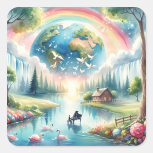 Whimsische Regenbogen-Erde Fantasy-Szene Quadratischer Aufkleber