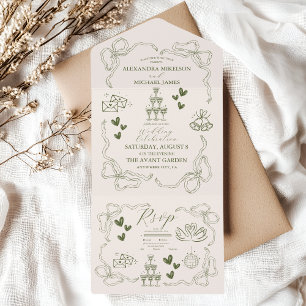 Whimsische Retro-Doodle-Kunst-Hochzeit All In One Einladung