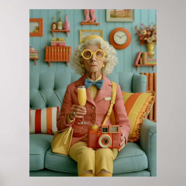 Whimsische Retro-Oma mit Kamera Poster (Vorne)