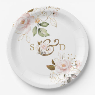 Whimsische roségoldene Blumen Monogramm-Hochzeit Pappteller