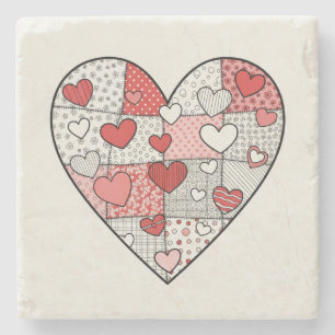 Whimsische rote und rosa Patchwork-Herz-Collage-Ku Steinuntersetzer