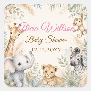 Whimsische Safari-Baby-Party-Tiere Quadratischer Aufkleber