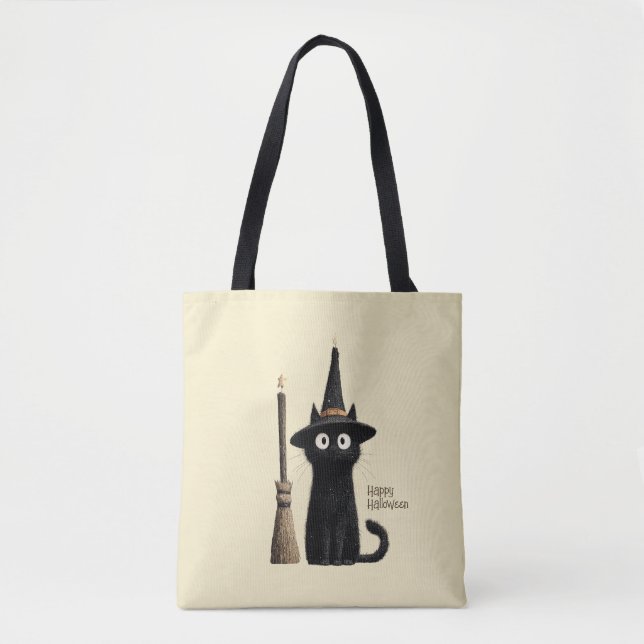 Whimsische schwarze Katze Frohes Halloween (Vorderseite)