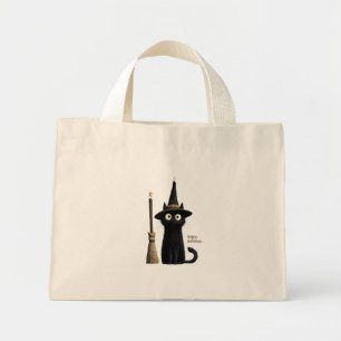Whimsische schwarze Katze Frohes Halloween Mini Stoffbeutel