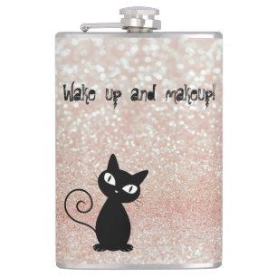 Whimsische schwarze Katze Glittery-Wach auf und sc Flachmann