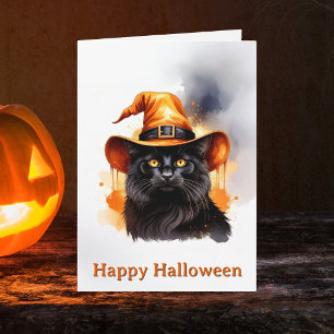 Whimsische schwarze Katze orange Hexenhut Hallowee Karte