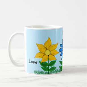 Whimsische Sonnenblume Gänseblume Tulpe Liebe Kaffeetasse