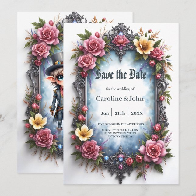 Whimsische Steampunk-Elfen-Hochzeit Save The Date (Vorne/Hinten)