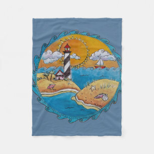 Whimsische Strandszene mit Leuchtturm, Küsten-Folk Fleecedecke