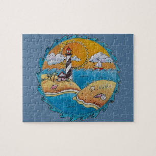 Whimsische Strandszene mit Leuchtturm, Küsten-Folk Puzzle