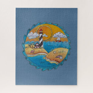 Whimsische Strandszene mit Leuchtturm, Küsten-Folk Puzzle
