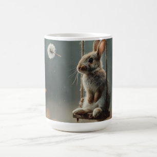 Whimsische Szene eines süßen Babykaninchens auf ei Kaffeetasse