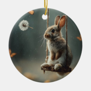 Whimsische Szene eines süßen Babykaninchens auf ei Keramik Ornament