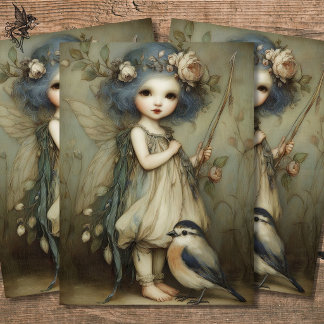 Whimsische Waldfee- und Zaunkönig-Porträtkunst Seidenpapier