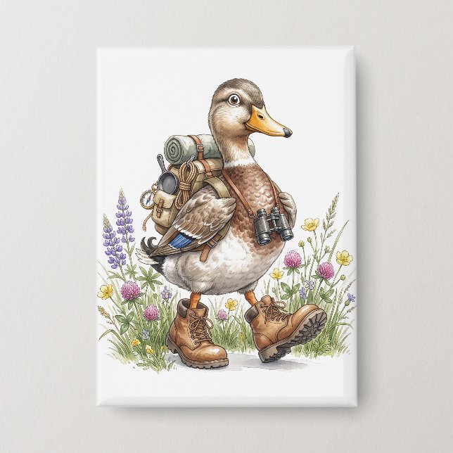 Whimsische Wandervogel-Illustration mit Rucksack  Button (Vorderseite)