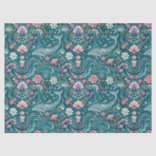 Whimsische Wasserfarben-Blumen-Delfine-Decoupage Seidenpapier