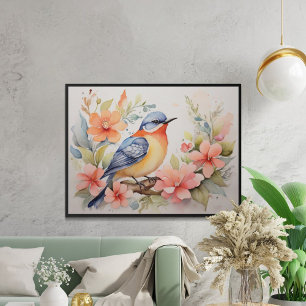 Whimsische Wasserfarben-Vogel-Blumen-Kunst Poster
