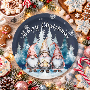 Whimsische Weihnachts-Gnom-Familienparty Blau Pappteller