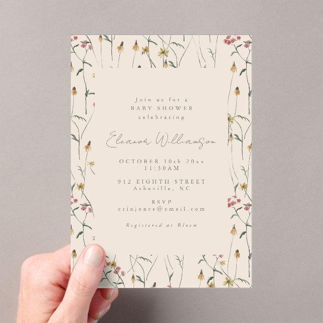 Whimsische Wildblumen-Blumen-Boho-Baby-Party Acryleinladungen (Insitu (Handheld))