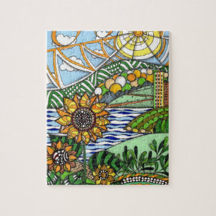 Whimsische Zentangle-Sonnenblumen und Stadtlandsch Puzzle