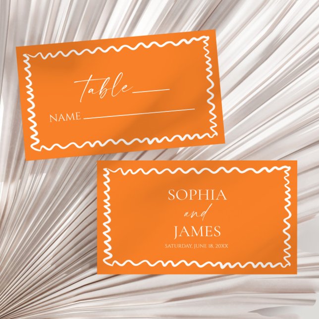 Whimsische Zitrus-Orange-Wellige-Rand-Hochzeit Platzkarte (Von Creator hochgeladen)