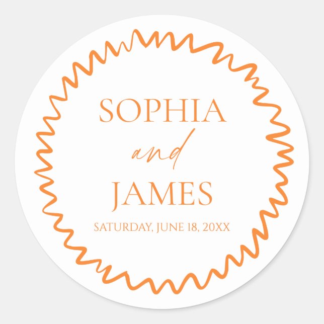 Whimsische Zitrus-Orange-Wellige-Rand-Hochzeit Runder Aufkleber (Vorderseite)