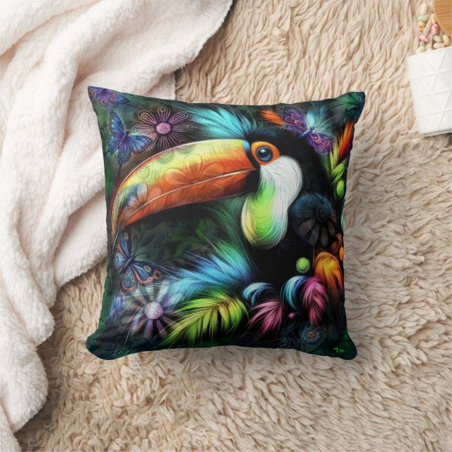 Whimsischer Abstrakt Toucan Bird Toucans Aquamarin Kissen (Decke)