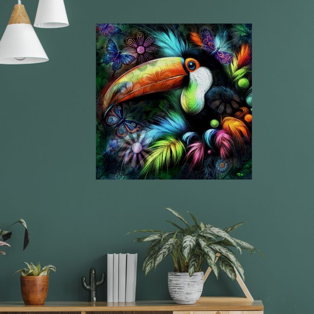 Whimsischer Abstrakt Toucan Bird Toucans Aquamarin Poster (Wohnzimmer 1)