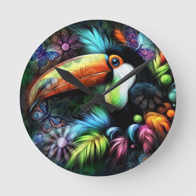 Whimsischer Abstrakt Toucan Bird Toucans Aquamarin Runde Wanduhr (Vorderseite)
