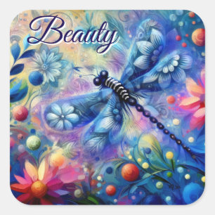 Whimsischer Abstrakter Libellenfliege Aquamarin Bl Quadratischer Aufkleber