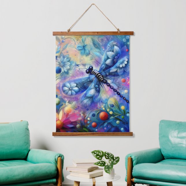 Whimsischer Abstrakter Libellenfliege Aquamarin Bl Wandteppich Mit Holzrahmen (Wohnzimmer)