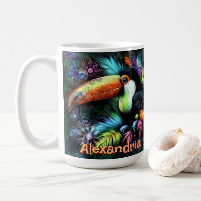 Whimsischer abstrakter Tukane-Vogel personalisiert Kaffeetasse (Mit Donut)