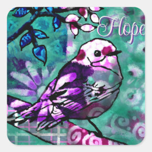 Whimsischer Abstrakter Vogel Aquamarine Lila Blüte Quadratischer Aufkleber