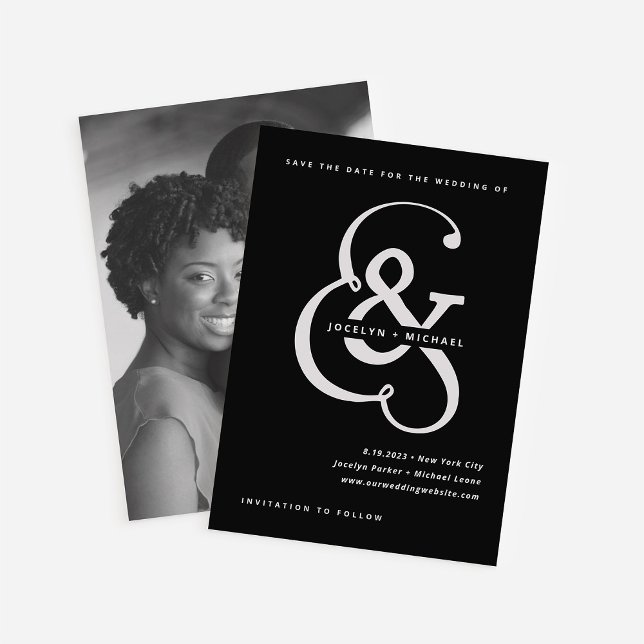 Whimsischer Ampersand | Moody Black Foto Back Save The Date (Von Creator hochgeladen)